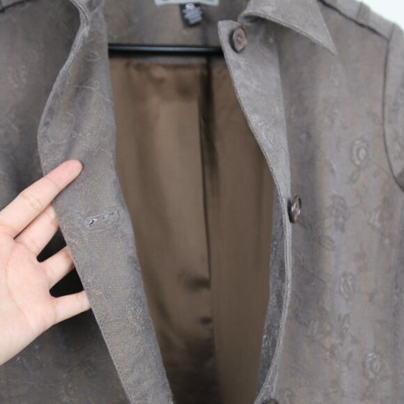 VINTAGE Optionelle Floral Embroidered Brown Long Button Down Trench Coat - Picture 3 of 8